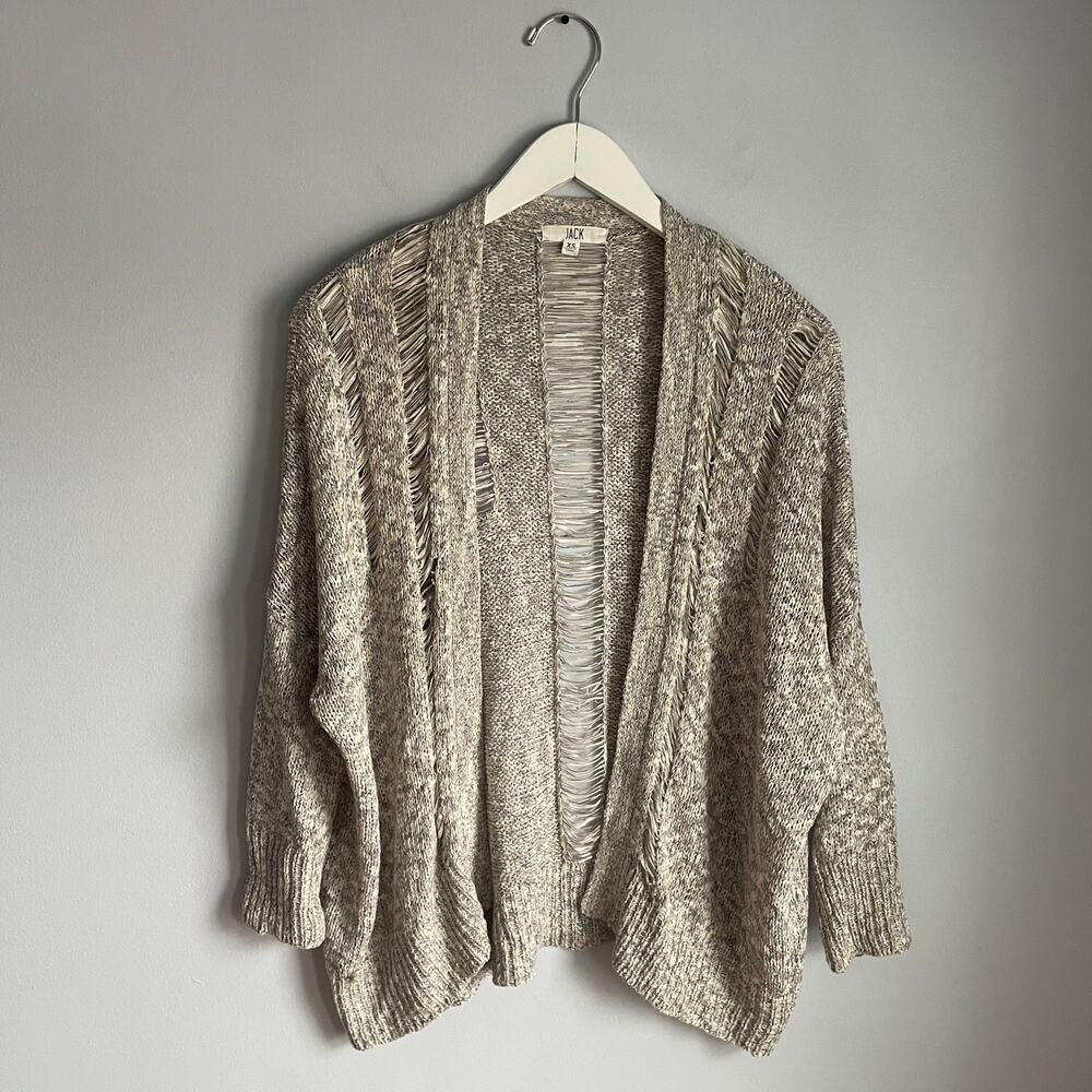 Boho Open Weave Beige Grey Knit Cardigan Sweater XS Women's Basic Office Neutral